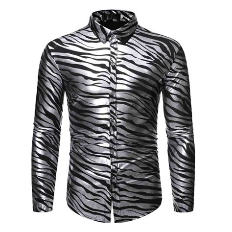 Men S Novelty Zebra Print Shiny Bronzing Dress Shirt Stretch Long