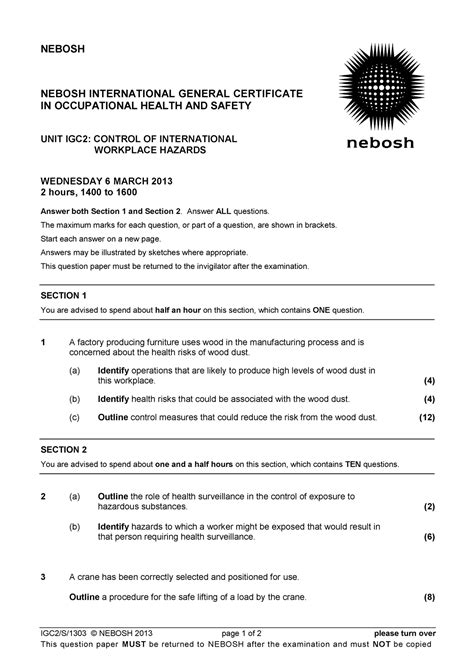 Nebosh Igc Past Exam Paper March Igc S Nebosh Page