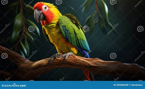 Colorful Animated Parrot Perched On Branch Zbrush Style Stock