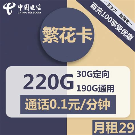 长期套餐 电信繁花卡29元包190g通用流量 30g定向 通话0 1元 分钟【首月免月租，自主激活】 萌卡屋