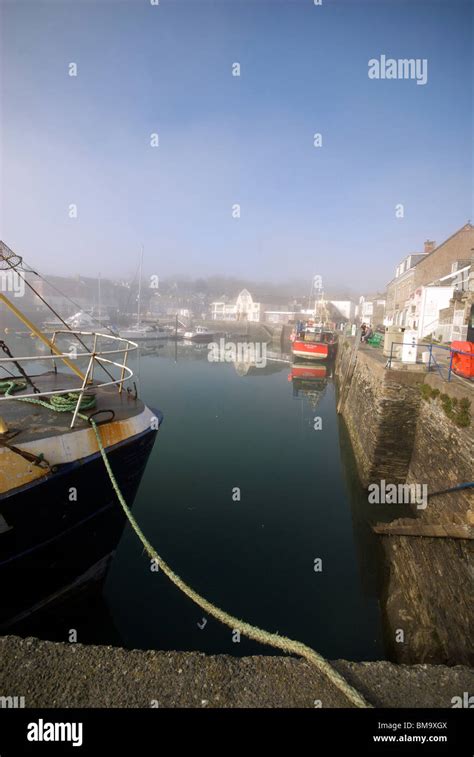 Padstow Cornwall Uk Harbor Harbour Quay Marina Fishing Boats Mist Stock