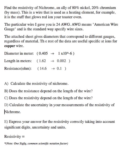 Solved Find The Resistivity Of Nichrome An Ally Of 80 Chegg