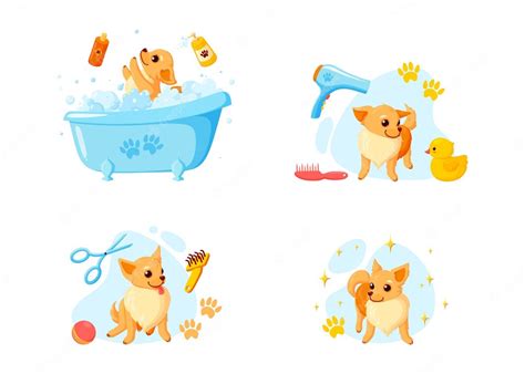 Premium Vector Dog Grooming In A Bath With Pet Shampoo Combs And