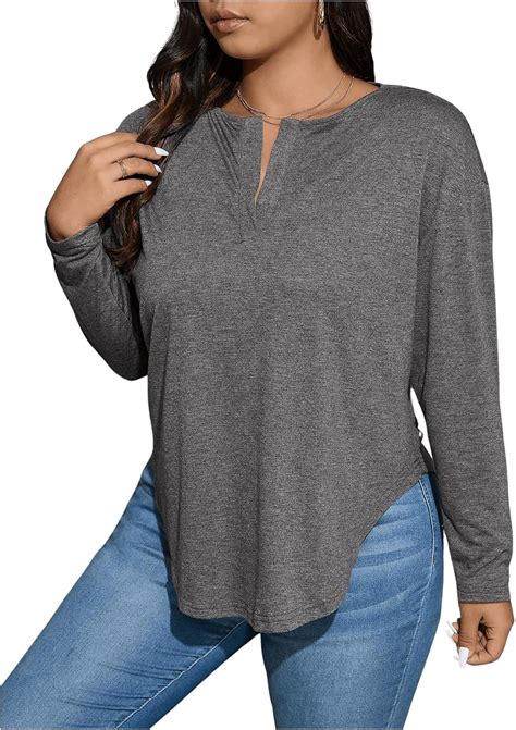 Soly Hux Women S Plus Size T Shirts Notched V Neck Long Sleeve Curved