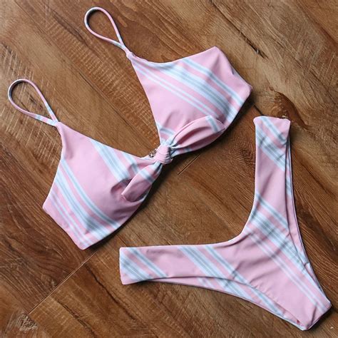 Pink Striped Bikini Tie Front Swimsuit Bikini Set Swimwear Maillot De