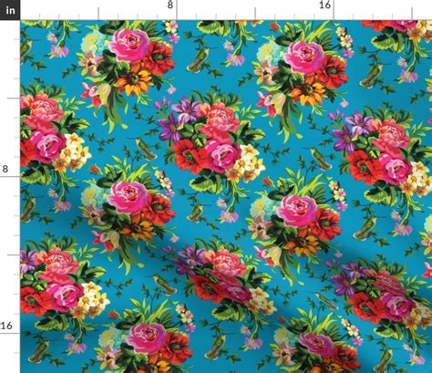 Shabby Chic Summer Floral Fabric Floral Pop With Birds Aqua Etsy