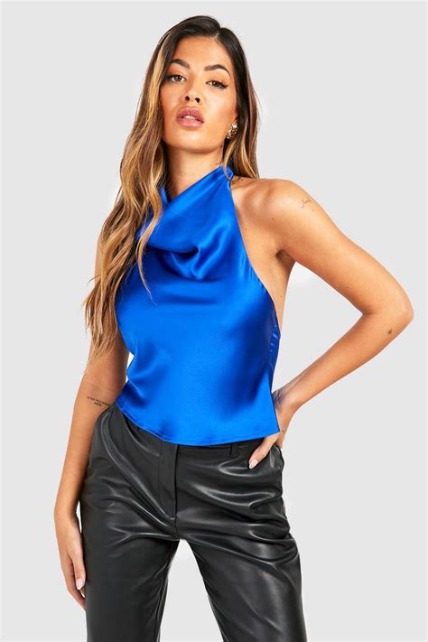 Blue Satin Cowl Front Blouse Boohoo Uk