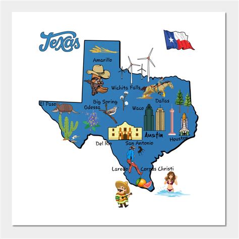 tourist map of Texas state, USA, major cities, flag, landmarks by mashmosh | Tourist map, Texas ...