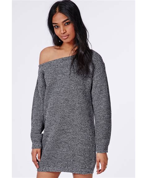 Missguided Ayvan Off Shoulder Knit Sweater Dress Grey Marl In Gray