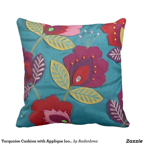 Turquoise Cushion With Applique Look Flowers Throw Pillow Throw Pillows Turquoise Cushions