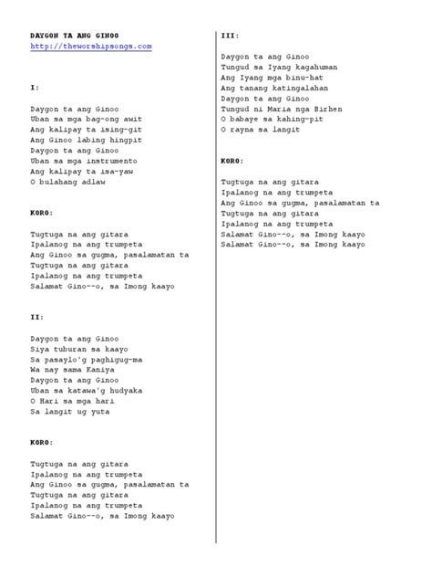 Daygon Ta Ang Ginoo Lyrics Pdf Pdf