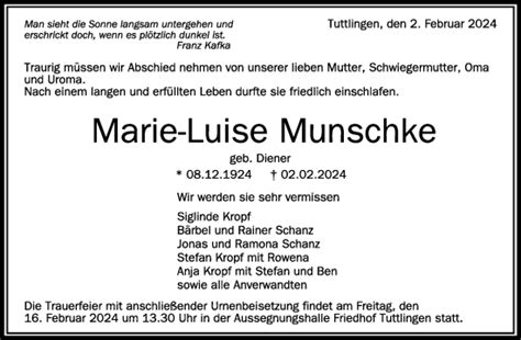 Traueranzeigen Von Marie Luise Munschke Schwaebische De Trauerportal