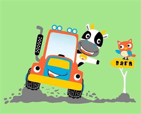 Funny cow driving tractor in farmyard with funny owl, vector cartoon illustration 20523808 ...