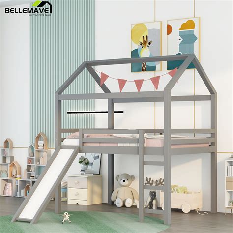 Bellemave Full Size Loft Bed with Slide, Wood Kids House Loft Bed with ...