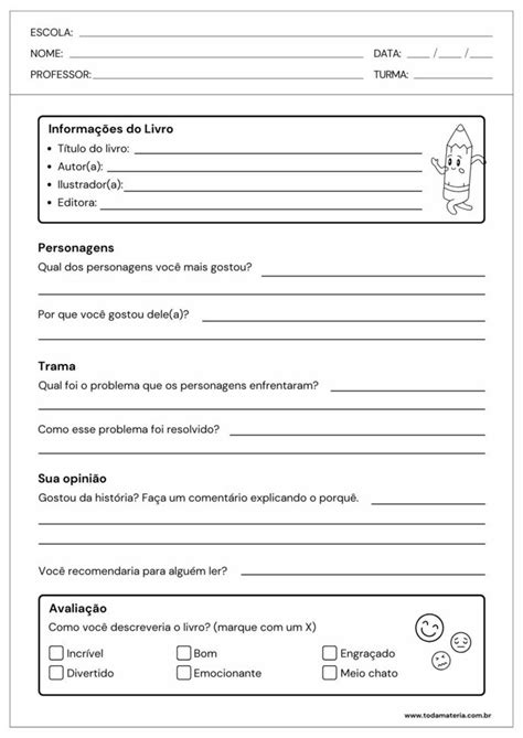 Modelo de ficha de leitura para o 5º ano para imprimir Toda Matéria