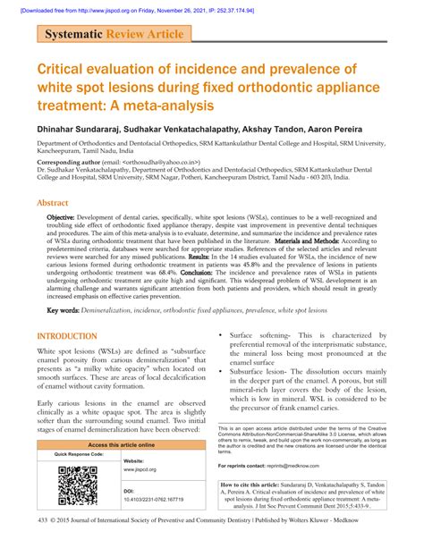 PDF Critical Evaluation Of Incidence And Prevalence Of White Spot