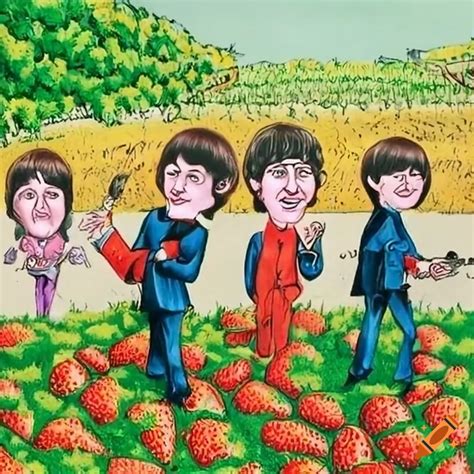 Caricature Of The Beatles In A Strawberry Field