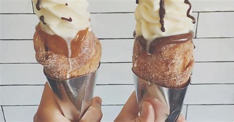 Salted Caramel And Nutella Stuffed Cronut Cones Topped With Soft Serve