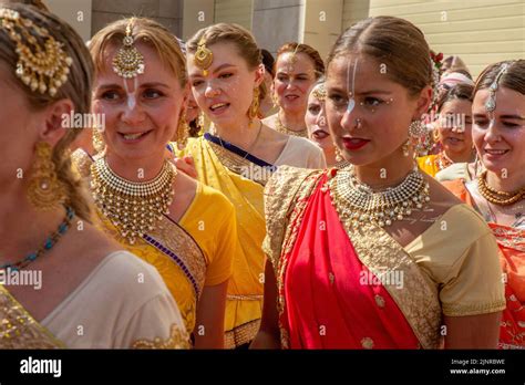 Moscow Russia 13th Of August 2022 Russian Women In Indian National Costumes Sing Hare