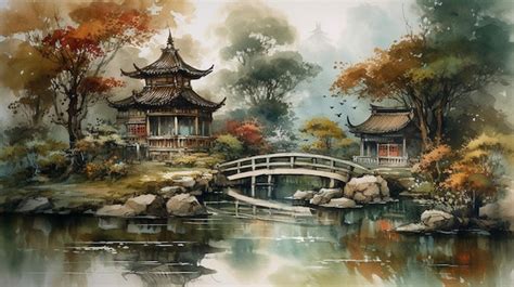 Premium AI Image | A painting of a japanese house in a pond