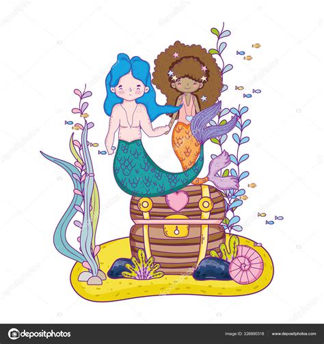 Couple Mermaids With Treasure Chest Undersea Stock Vector Image By