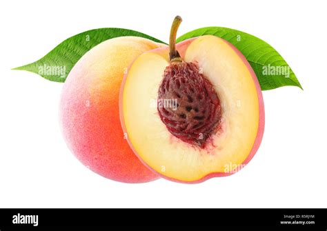 Isolated Peaches One And A Half Peach Fruits With Leaves Isolated On