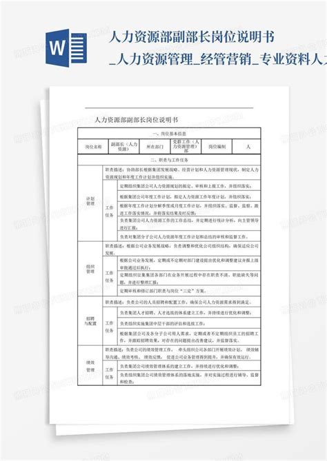 人力资源部副部长岗位说明书人力资源管理经管营销专业资料 人力资word模板下载编号lvymmayr熊猫办公