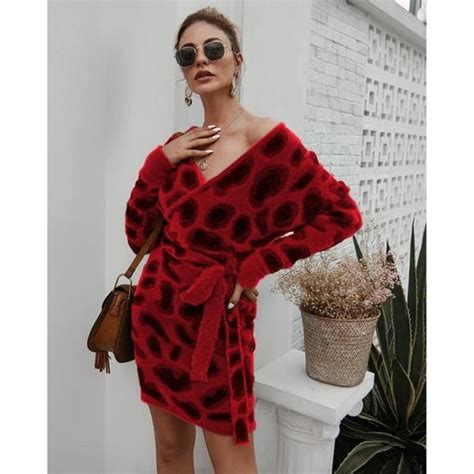 Robe Femme Chic Et Elegant Manches Longues Col En V Sexy Red Red