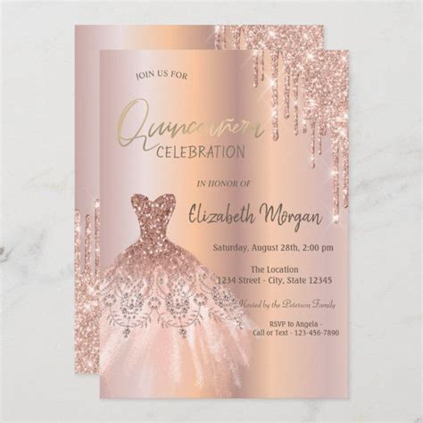 Invitaci N Rosa Purpurina De Oro Gotea Vestido Quincea Era Zazzle