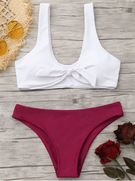 [56 Off] 2021 Padded Knotted Bralette Bikini Set In Red And White Zaful