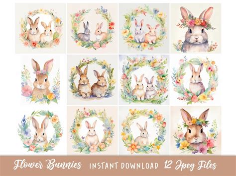 Bunnies With Flower Wreaths Clipart High Quality Jpgs Etsy