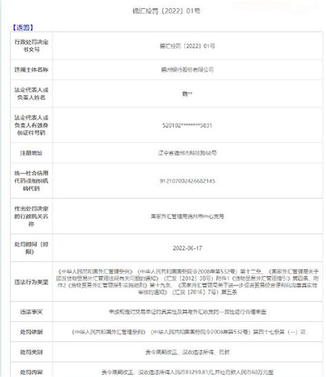 因未按规定对交易单证的真实性进行合理审查 锦州银行被罚款60万元 银行 金融界