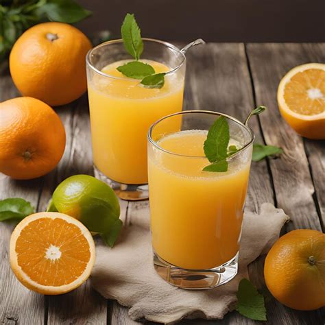 Premium Photo Two Glasses Of Orange Juice Sit On A Wooden Table With