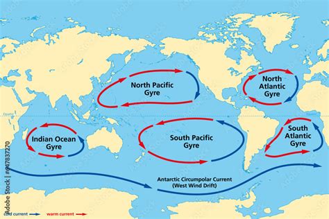 Major ocean gyres, world map. The five most notable ocean gyres, flowing clockwise in the ...