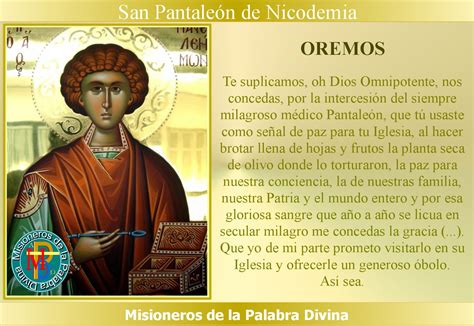 Misioneros de la Palabra Divina SANTORAL SAN PANTALEÓN DE NICODEMIA