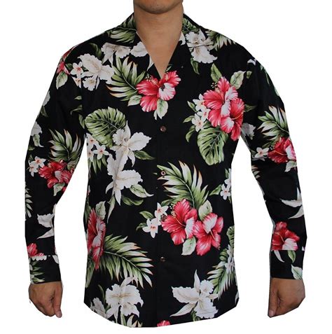 Men S Long Sleeve Island Flowers Hawaiian Aloha Shirt Black CX129UYS9I3