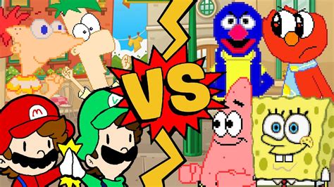 M U G E N Battles Mario Luigi Phineas Ferb Vs Elmo Grover Spongebob