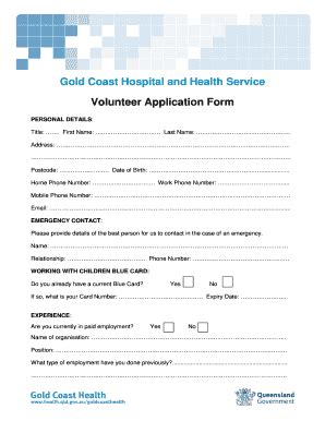 Fillable Online Health Qld Gov Volunteer Application Form 2016 Health