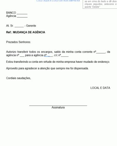 Modelo de Comunicação de Transferência de Conta Corrente Modelo Simples