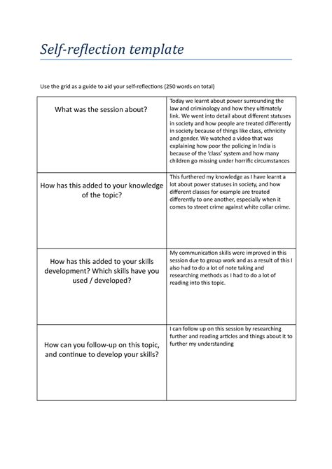 Self Reflection Template Week 28 Self Reflection Template Use The Grid As A Guide To Aid Your