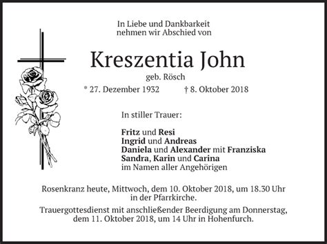 Traueranzeigen Von Kreszentia John Trauer Merkur De