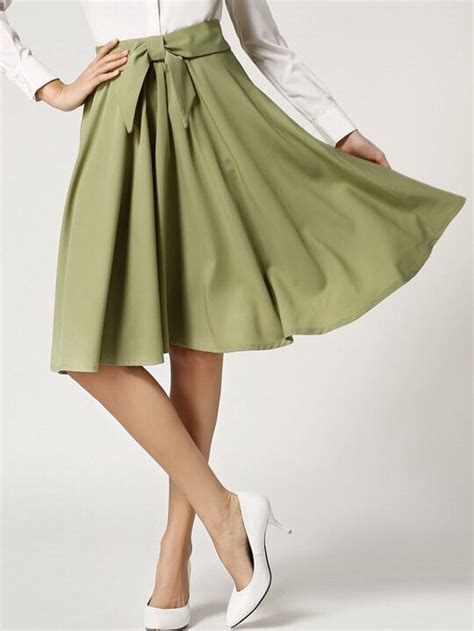 Army Green Elastic Waist Bow Pleated Skirt Shein Sheinside