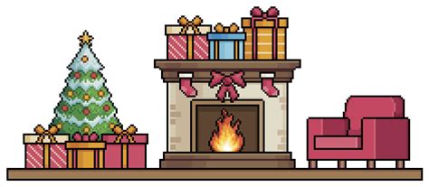 Pixel Art Fireplace Christmas Tree Gifts And Armchair Background