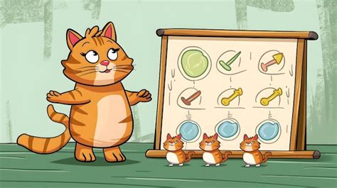 Cartoon Cat Character Depicting Skill Development And Training Process