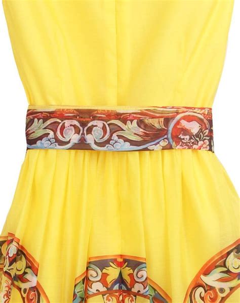 Yellow Sleeveless Wheel Print Belt Back Zipper Dress -SheIn(Sheinside)