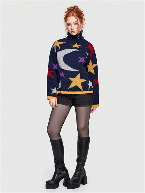 Romwe Hippie Star And Moon Pattern Turtleneck Drop Shoulder Sweater