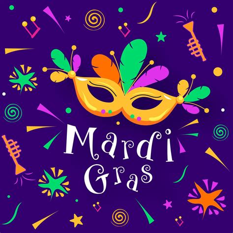 Stylish Mardi Gras Text With Party Mask Trumpet And Star Confetti