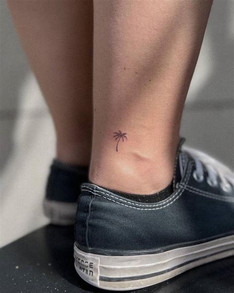 Tiny Fine Line Palm Tree Tattoo Located On The Ankle