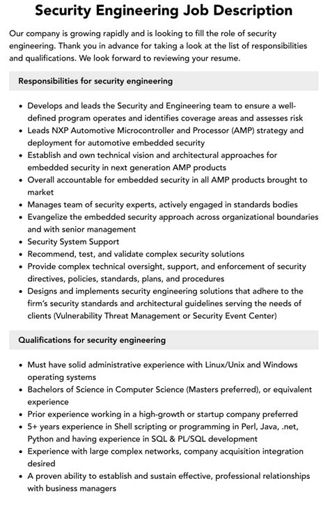 Security Engineering Job Description Velvet Jobs