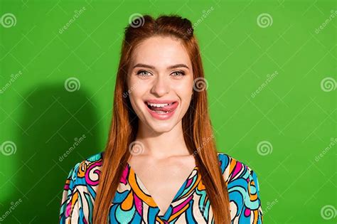 Photo Portrait Of Attractive Young Woman Tongue Lick Teeth Lips Dressed